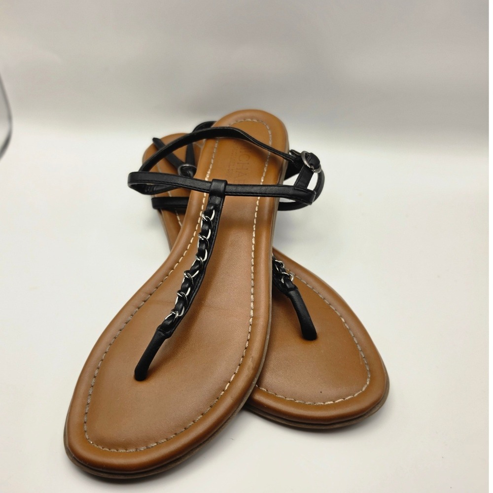 Michael Shannon Womens Black T-Strap Chain Link Flat Sandals Size 8